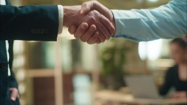 Business men hands handshake close up shaking arms close up guys unrecognizable businessmen welcome greeting in office male partnership handshaking agreement cooperation deal hire candidate recruit