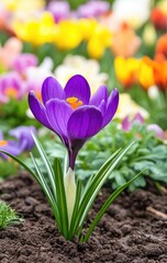 Vibrant purple crocus in springtime garden