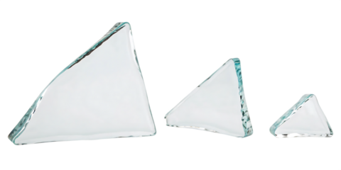 Three Translucent Glass Triangles of Varying Sizes Isolated on Black Background