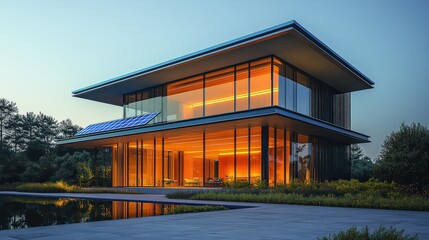Fototapeta premium Modern architectural design of a glass house with warm lighting