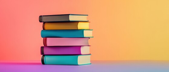 Tall stack of colorful hardcover books arranged vertically with a vibrant gradient background perfect for education literature or reading theme visuals