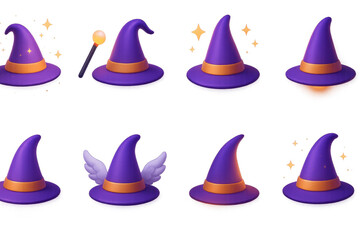 Magical wizard hat icons set – wand, stars, wings, glow, purple hat. 3D icon set