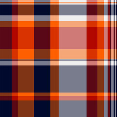 Warm vector textile plaid, card pattern texture fabric. Reel tartan check background seamless in red and orange colors.