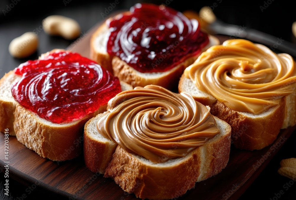 Poster deliciously spread peanut butter and jelly on freshly toasted bread with smooth and swirled toppings