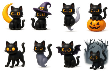 Y2k halloween cat icons set – moon, witch hat, pumpkin, wings. 3D icon set