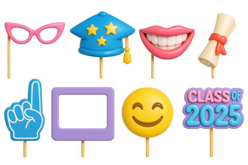 Graduation celebration icons set – cap, diploma, smile, emoji, glasses, class of 2025. 3D icon set