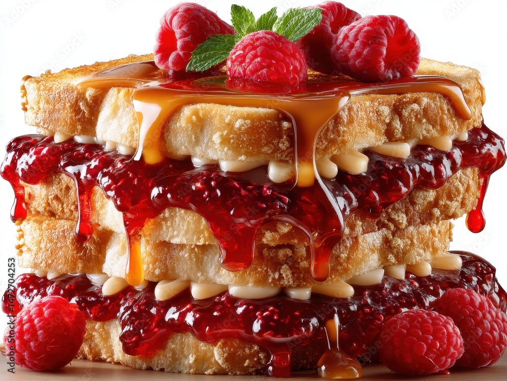 Poster deliciously stacked toast with raspberry jam and caramel drizzle garnished with fresh raspberries fo