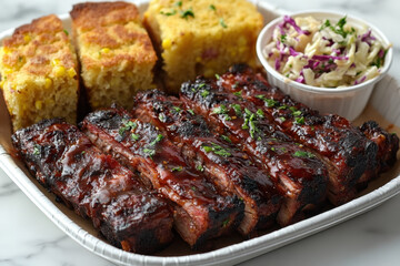 Ribs glazed with BBQ sauce and cole slaw.