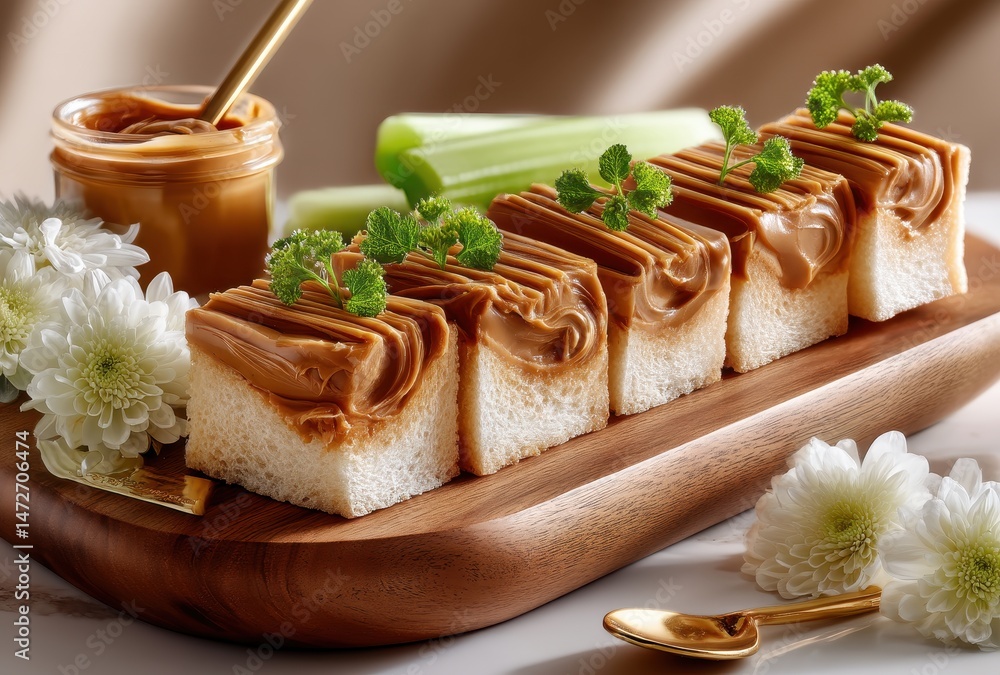 Poster delightful dessert with creamy caramel layer on soft bread served with mint garnish and fresh celery