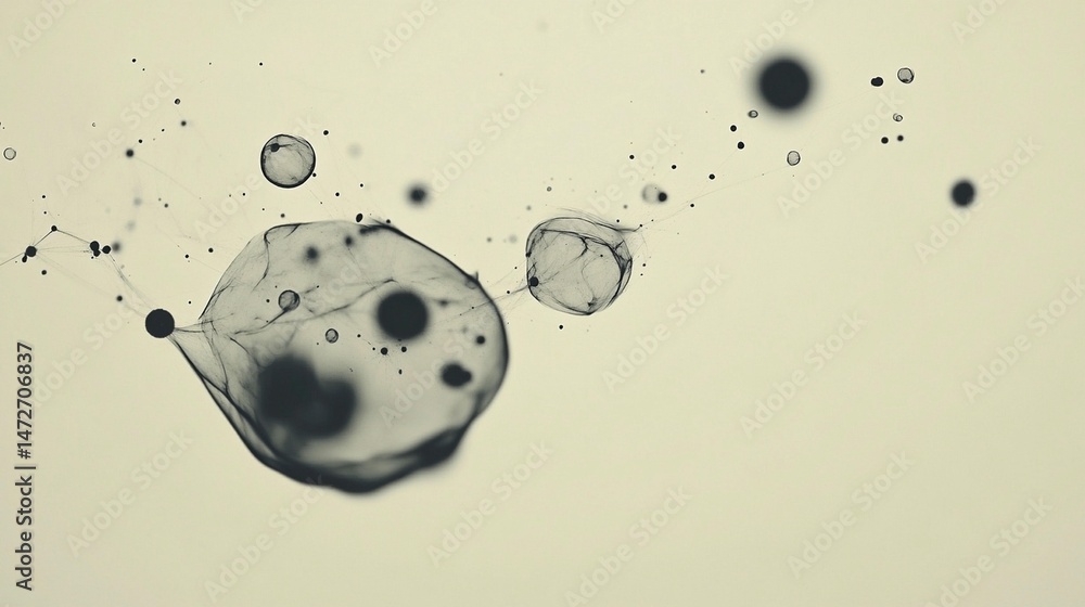 Poster abstract illustration of flowing, translucent, dark shapes and particles against a light background.