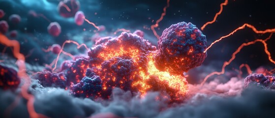Detailed visualization of coronavirus particles with spiky protein structures in a vibrant, glowing environment representing viral infection and spread