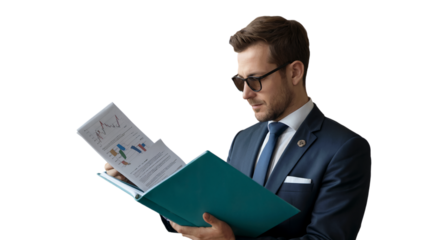 Confident businessman reviewing financial data charts graphs analysis on transparent background tie