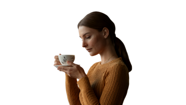 Young woman in mustard sweater enjoying a warm cup of tea mug cozy calm on transparent background - Powered by Adobe
