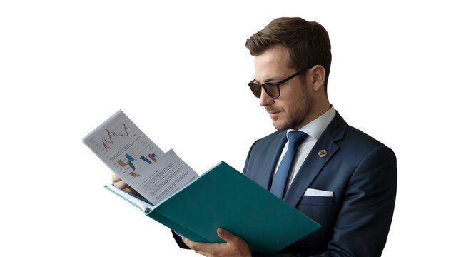 Confident businessman reviewing financial data charts graphs analysis on transparent background tie - Powered by Adobe