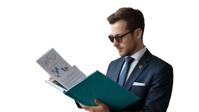 Confident businessman reviewing financial data charts graphs analysis on transparent background tie