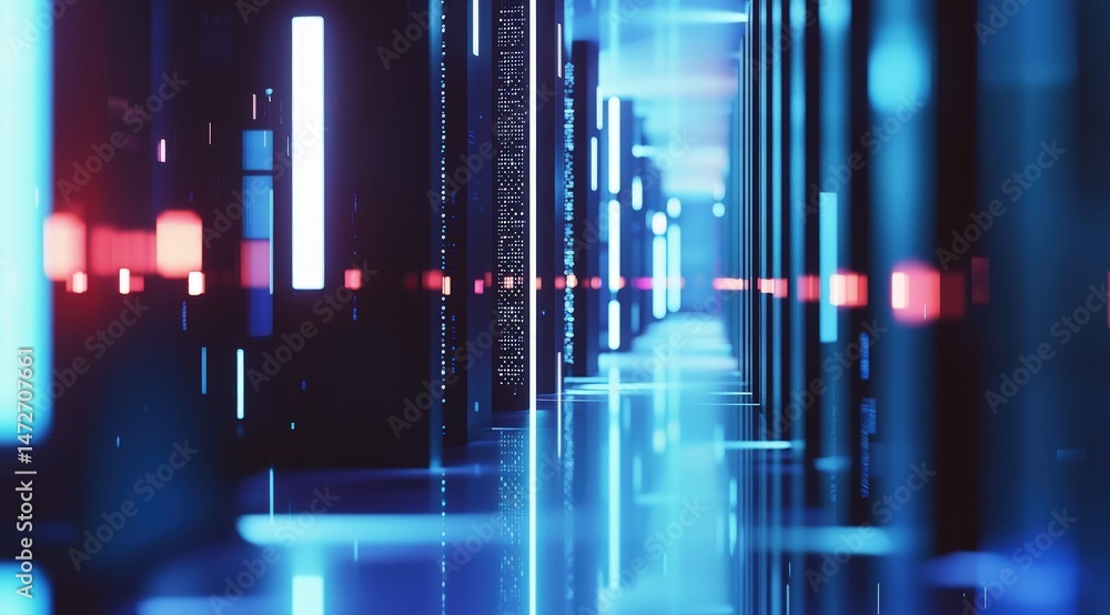 Aufkleber stylized futuristic data center corridor with blue and red light reflections on sleek server racks, 