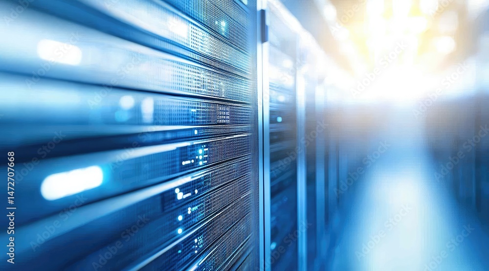Poster close-up of modern data server racks with blue glowing lights and blurred hallway perspective, ideal