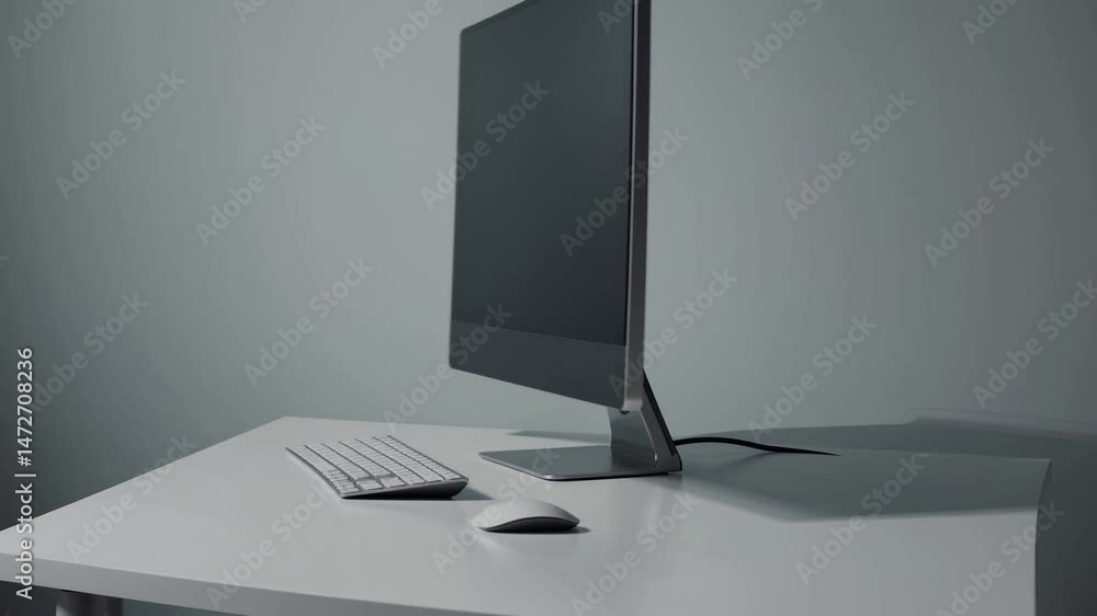 Poster monitor rotating from front to side, featuring green screen, keyboard and mouse, ideal for showcasin