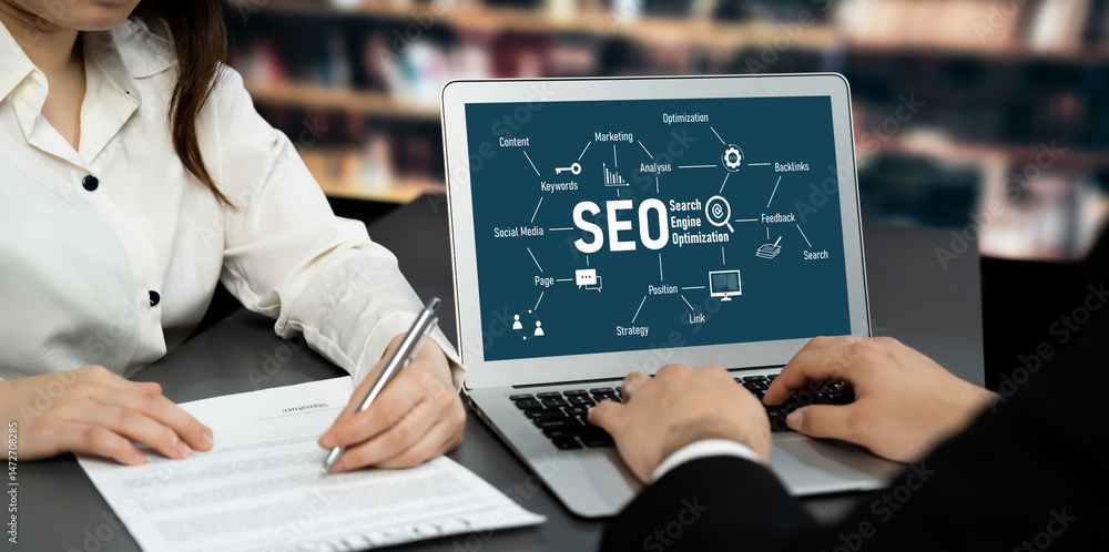 Poster seo search engine optimization for brisk e-commerce and online retail business showing on computer s