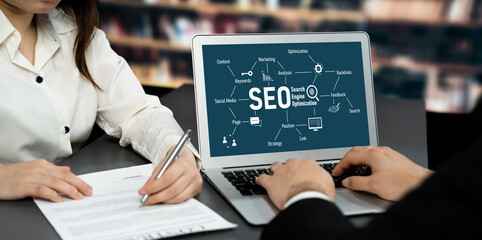 SEO search engine optimization for brisk e-commerce and online retail business showing on computer...