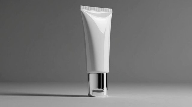 White cosmetic tube rotating on a gray background, showcasing its elegant design and metallic cap