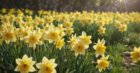 Obraz premium Close-up of cheerful daffodils, sunny day, bright yellow petals, wallpaper, macro photography, yellow