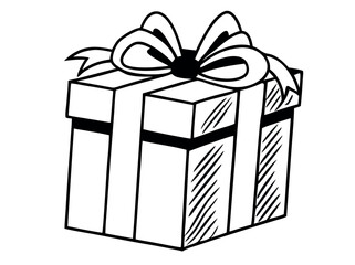 Hand-drawn illustration of a gift box with a ribbon and bow. black and white illustration of a gift box vector, birthday gift, ribbon, bow, holiday, cartoon, gift box, present, gift, present box, illu