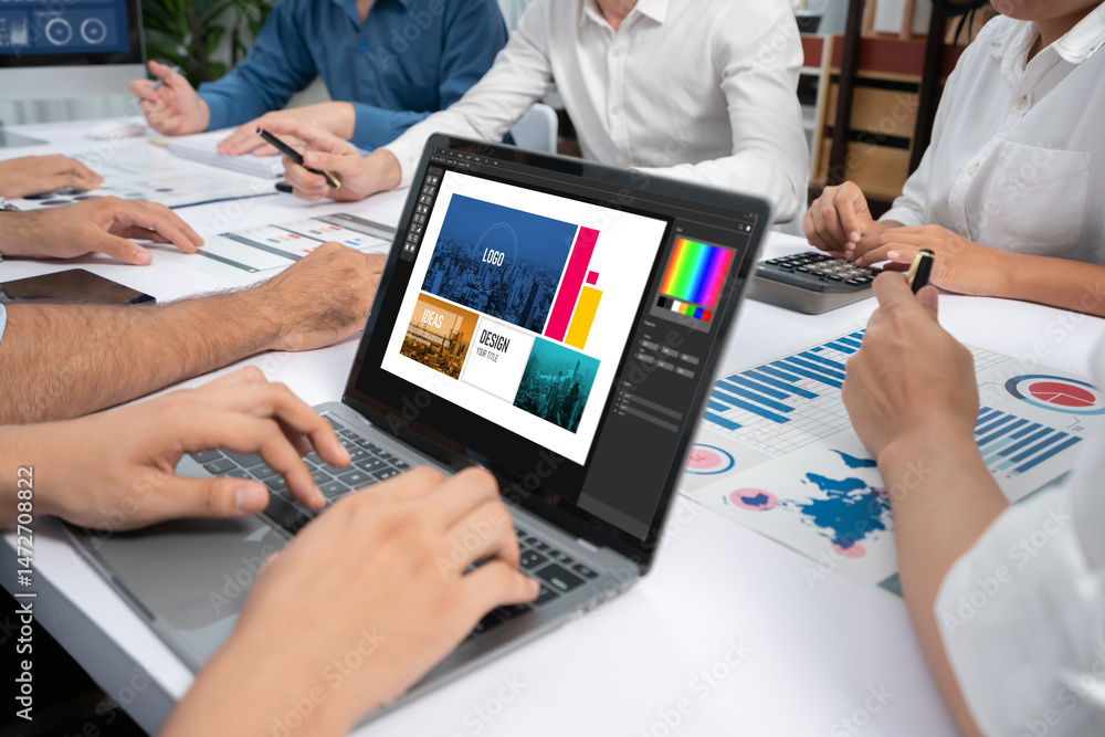 Poster graphic designer software for modern design of web page and commercial brisk ads showing on the comp