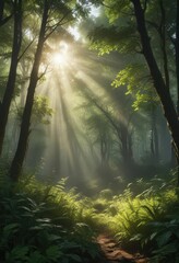 Obraz premium Vibrant sunbeams pierce dense foliage, creating ethereal glow in lush forest, canopy, forest floor, sunbeam