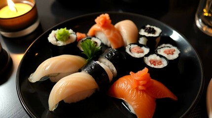 A small plate with assorted sushi pieces, including nigiri and maki, neatly arranged and garnished with wasabi and pickled ginger, shot in natural light, no white background.