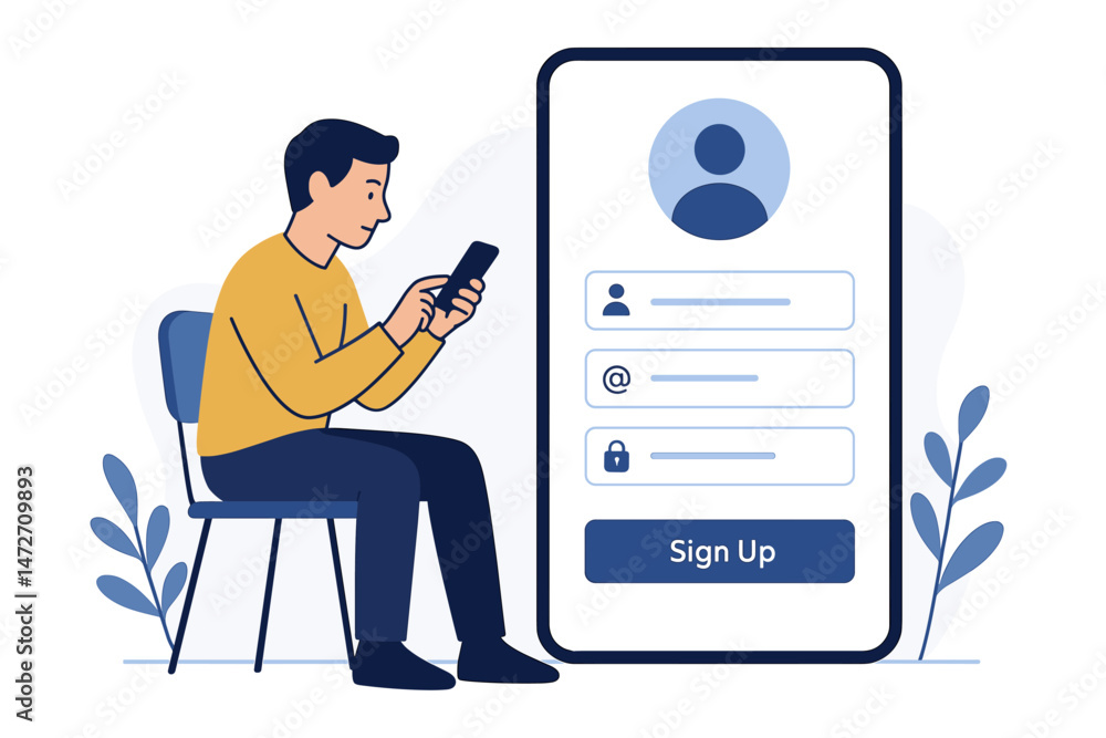 Poster flat design vector concept of mobile registration process, man sitting with phone creating new user 