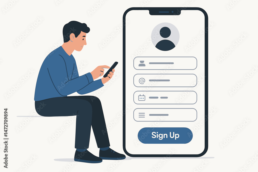 Poster vector illustration of a young man using a smartphone to complete an online registration form. flat 