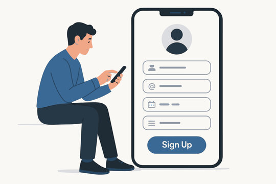 Vector illustration of a young man using a smartphone to complete an online registration form. Flat design concept for mobile app sign-up, user account creation, and profile setup interface.
