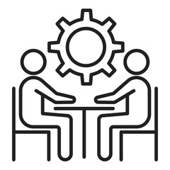 Two people are sitting at a table discussing a plan, with a gear above them representing an idea or a mechanism. Simple editable line stroke
