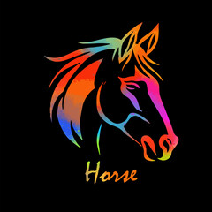 Horse colored head object on a black background. New 2026 year. hand drawing. Not AI, Vector illustration