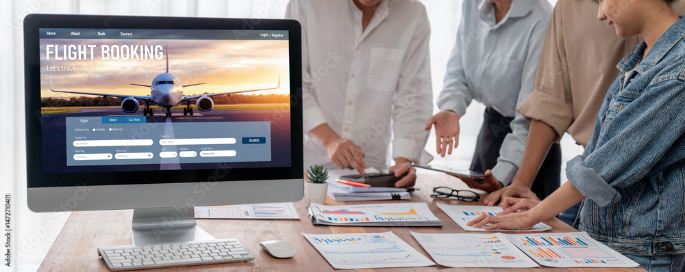 Poster online flight booking website provide brisk reservation system . travel technology concept .