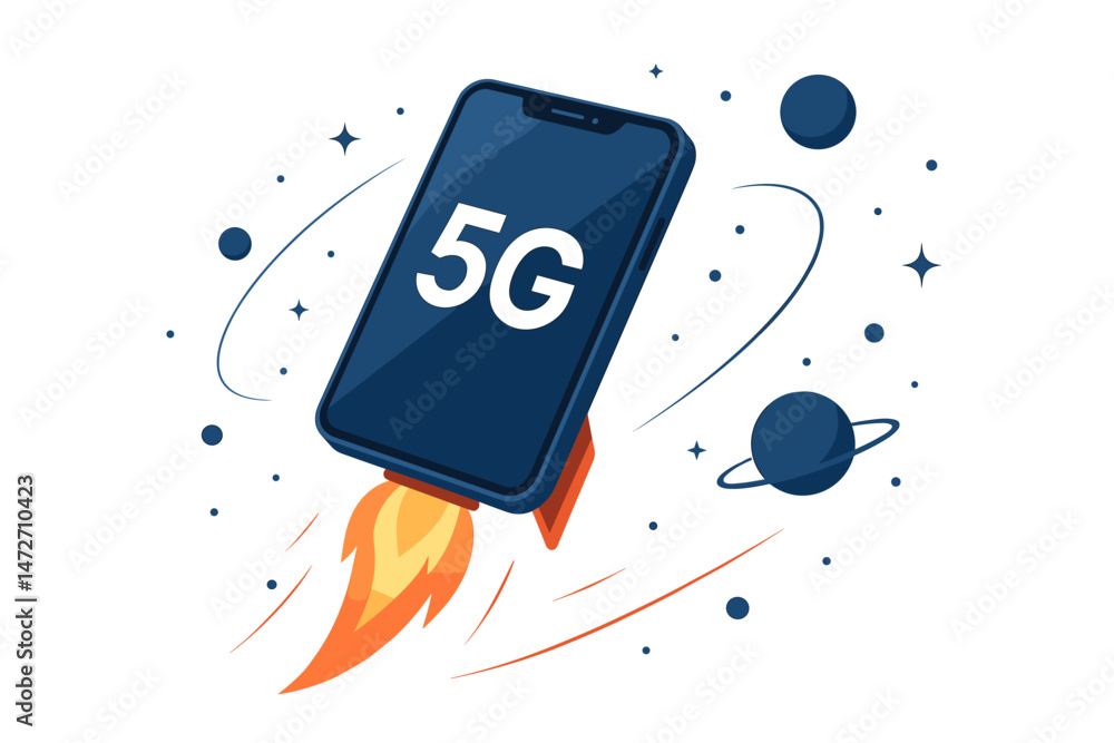 Poster 5g network speed concept: smartphone launching like a rocket into space symbolizes fast mobile inter