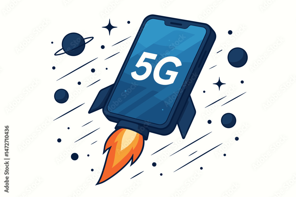 Poster vector illustration of 5g smartphone rocket blasting off into space symbolizing ultra-fast mobile ne