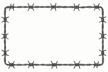 Detailed vector illustration of a barbed wire frame border. Sharp metal spikes on twisted wire create a rectangular boundary. Ideal for security, prison, danger, or rustic themes.