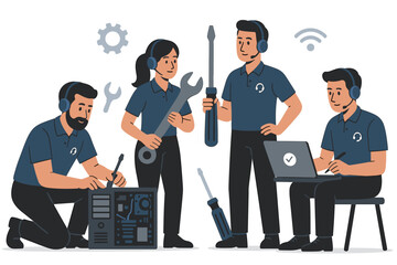 Professional IT tech support team vector illustration. Diverse technicians with headsets repairing computer hardware and providing online assistance. Customer service and troubleshooting concept.