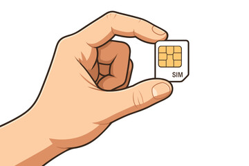 Detailed vector illustration of a hand holding a micro SIM card. Focus on mobile communication technology, connectivity, phone chip insertion, and subscriber identity module.