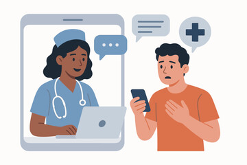 Telehealth consultation vector illustration showing a worried man using smartphone for online chat with a smiling female nurse practitioner providing remote medical assistance via video call.