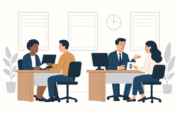 Professional bank employees assisting diverse customers with financial consultations, account services, and loan applications in a modern office environment vector illustration.