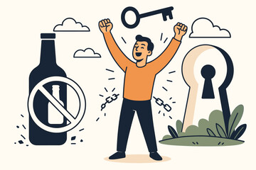 Vector illustration celebrating sobriety achievement. Man breaks chains of alcohol addiction, symbolizing recovery, freedom, unlocking potential, and overcoming challenges.