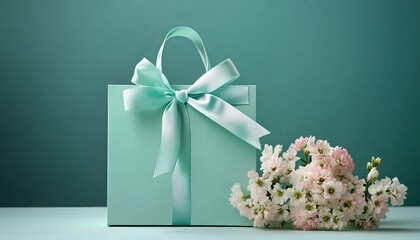Elegant mint green gift bag with ribbon and flowers, high-resolution product photography, high detail, focus stacking, dark teal background,