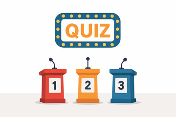 Flat design vector of a classic quiz show set with three contestant stands numbered 1, 2, 3, microphones, and illuminated sign, ideal for entertainment, competition, or educational game graphics.