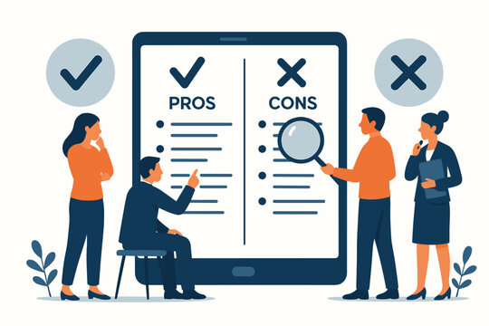 Vector illustration of a diverse business team conducting a pros and cons analysis on a giant tablet. Concept for decision making, evaluation, strategy development, and teamwork.