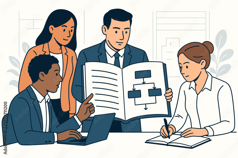 Poster diverse business team collaborating in a modern office meeting, analyzing a project flowchart and pl