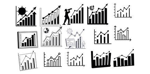 Hand-Drawn Business Growth Charts, collection of various hand-drawn business growth charts, including bar graphs, line graphs, and pie charts. business, presentation, infographic, line chart, success,