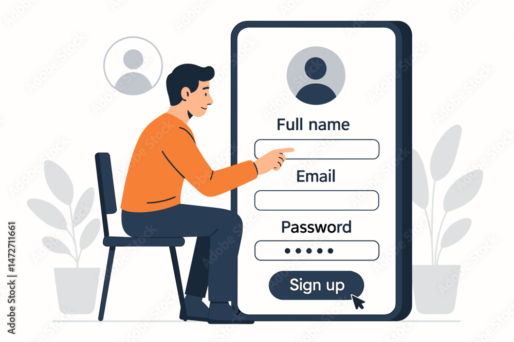 Poster flat vector concept of user registration process. man sitting interacts with mobile phone screen, co